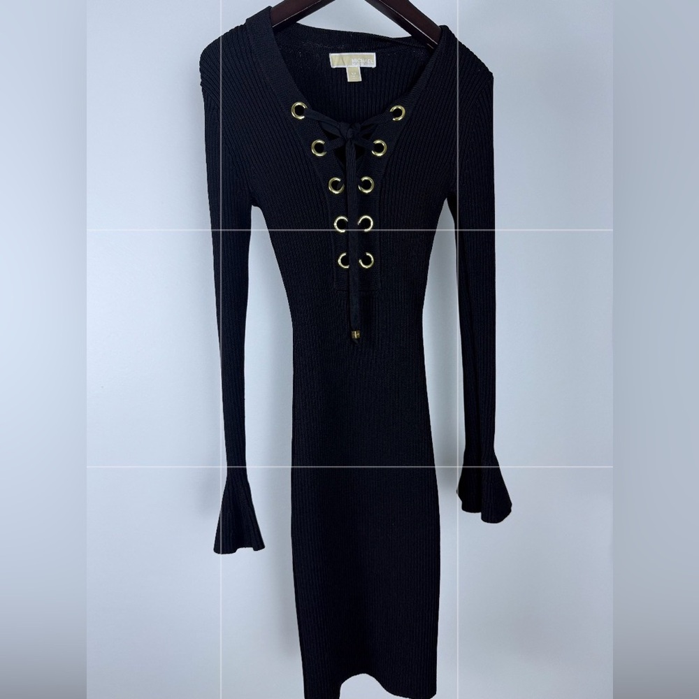Michael Kors Black Ribbed Lace-Up Long Sleeve Dress with Gold Eyelets